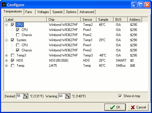 Temperature configuration window